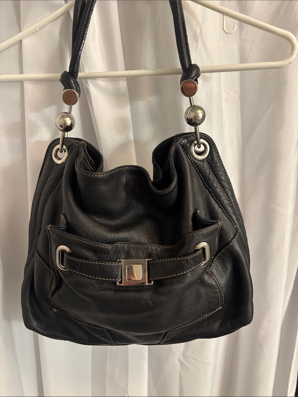 Danier Vintage Black Leather Hobo Bag with Silver Hardware